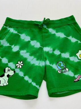 Zumiez Green Tie-Dye Shorts with Playful Cartoon Prints